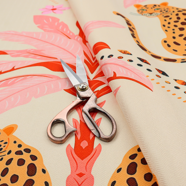 A symmetrical, repeating tropical pattern on a light background featuring stylized leopards sitting below bright pink and red palm trees, accented with pink flowers, green foliage, and geometric dotted arches.