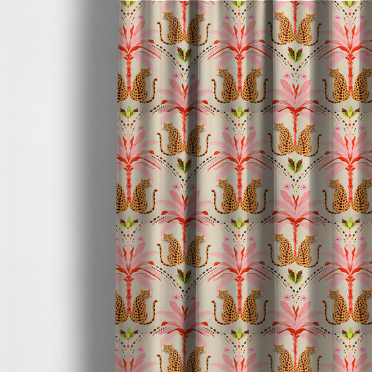 The fabric used to create these made-to-measure curtains is a symmetrical, repeating tropical pattern on a light background featuring stylized leopards sitting below bright pink and red palm trees, accented with pink flowers, green foliage, and geometric dotted arches.