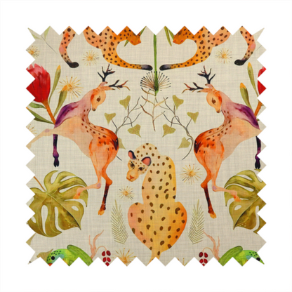 A symmetrical, illustrative pattern featuring spotted leopards, leaping deer, large red flowers, green parrots, monstera leaves, and starburst details on a light background.
