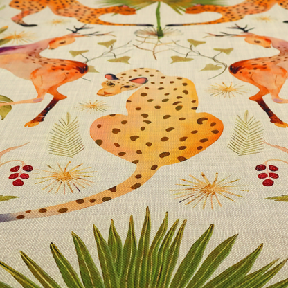 A symmetrical, illustrative pattern featuring spotted leopards, leaping deer, large red flowers, green parrots, monstera leaves, and starburst details on a light background.
