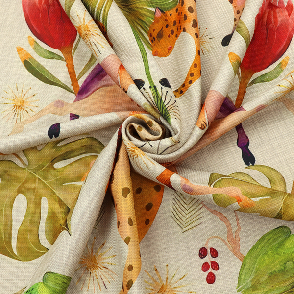 A symmetrical, illustrative pattern featuring spotted leopards, leaping deer, large red flowers, green parrots, monstera leaves, and starburst details on a light background.