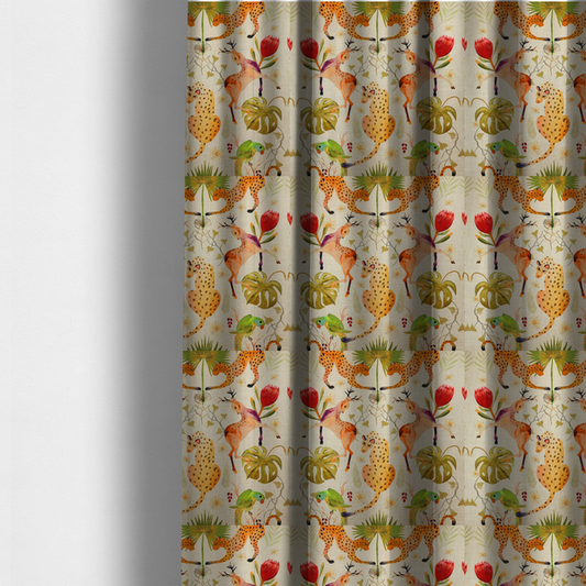 The fabric used to create these made-to-measure curtains is a symmetrical, illustrative pattern featuring spotted leopards, leaping deer, large red flowers, green parrots, monstera leaves, and starburst details on a light background.