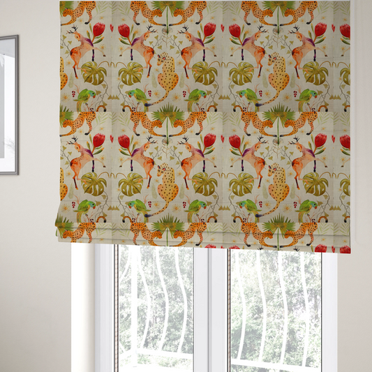 The fabric used to create these Roman blinds is a symmetrical, illustrative pattern featuring spotted leopards, leaping deer, large red flowers, green parrots, monstera leaves, and starburst details on a light background.