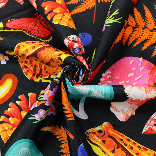 A vibrant, repeating botanical pattern on a black background featuring bright red butterflies, orange spotted frogs, orange pinecones, pink and white mushrooms, orange fern fronds, blue berries, and purple wildflowers.