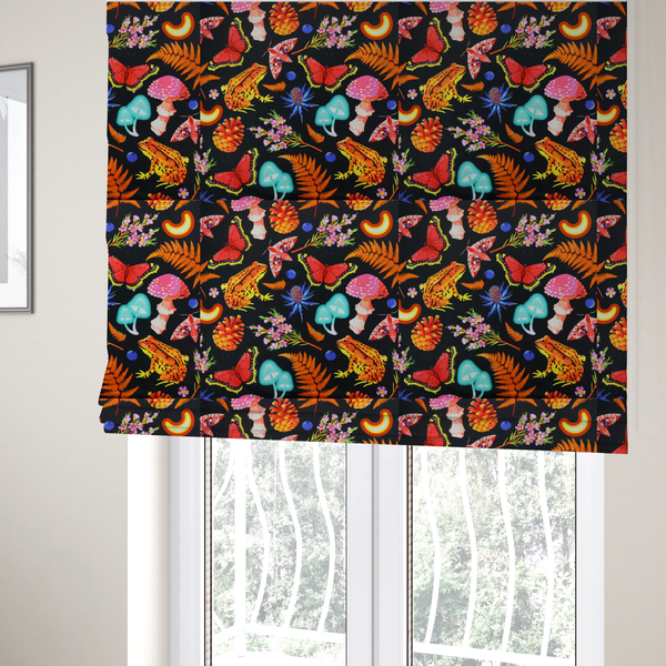 The fabric used to create these Roman blinds is a vibrant, repeating botanical pattern on a black background featuring bright red butterflies, orange spotted frogs, orange pinecones, pink and white mushrooms, orange fern fronds, blue berries, and purple wildflowers.