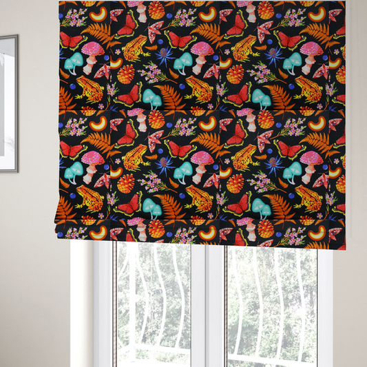 The fabric used to create these Roman blinds is a vibrant, repeating botanical pattern on a black background featuring bright red butterflies, orange spotted frogs, orange pinecones, pink and white mushrooms, orange fern fronds, blue berries, and purple wildflowers.