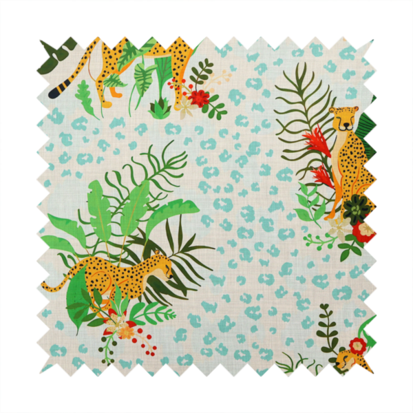 A repeating pattern featuring spotted cheetahs amidst lush green tropical leaves, red floral accents, and a teal leopard print background.