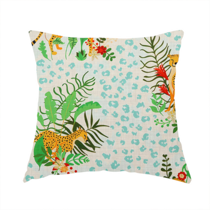 The fabric used to create this handmade cushion is a  repeating pattern featuring spotted cheetahs amidst lush green tropical leaves, red floral accents, and a teal leopard print background.