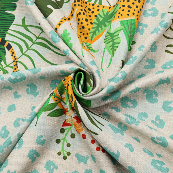 A repeating pattern featuring spotted cheetahs amidst lush green tropical leaves, red floral accents, and a teal leopard print background.