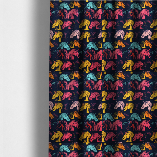 The fabric used to create these made-to-measure curtains is a vibrant repeating pattern of stylized horse heads in teal, orange, pink, and yellow set against a dark navy blue background.