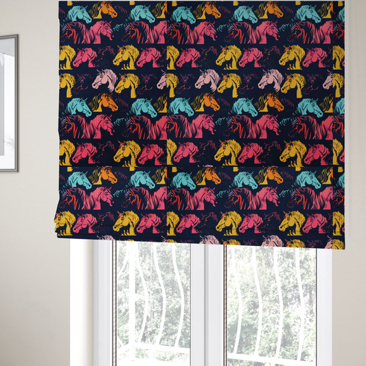 The fabric used to create these Roman blinds is a vibrant repeating pattern of stylized horse heads in teal, orange, pink, and yellow set against a dark navy blue background.