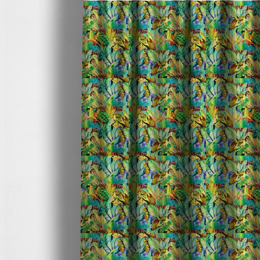 The fabric used to create these made-to-measure curtains is a vibrant tropical botanical pattern featuring lush green leaves, exotic flowers, and hidden jaguars prowling through a dense jungle foliage.