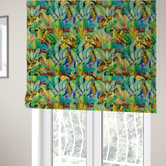 The fabric used to create these Roman blinds is a vibrant tropical botanical pattern featuring lush green leaves, exotic flowers, and hidden jaguars prowling through a dense jungle foliage.