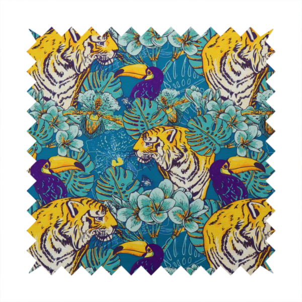 Vibrant tropical pattern featuring majestic tigers, toucans, and exotic flowers amongst lush green foliage on a bold blue background.  