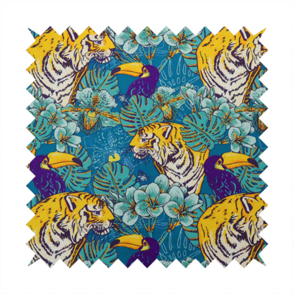 Vibrant tropical pattern featuring majestic tigers, toucans, and exotic flowers amongst lush green foliage on a bold blue background.  