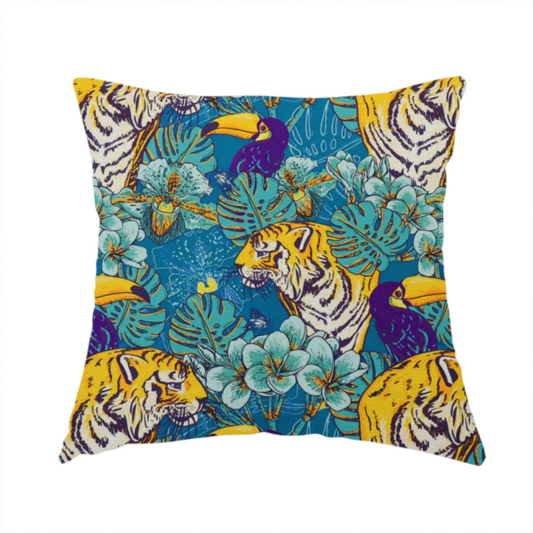 The fabric used to create this handmade cushion is a vibrant tropical pattern featuring majestic tigers, toucans, and exotic flowers amongst lush green foliage on a bold blue background.  