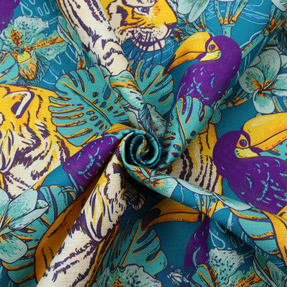 Vibrant tropical pattern featuring majestic tigers, toucans, and exotic flowers amongst lush green foliage on a bold blue background.  