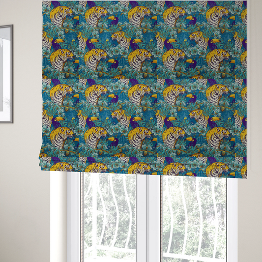 The fabric used to create these Roman blinds is a vibrant tropical pattern featuring majestic tigers, toucans, and exotic flowers amongst lush green foliage on a bold blue background.  