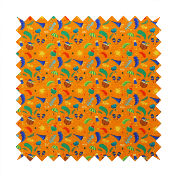 Vibrant tropical carnival pattern featuring cocktails, coconuts, maracas, suns, and festive motifs set against a bright orange background.  