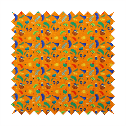 Vibrant tropical carnival pattern featuring cocktails, coconuts, maracas, suns, and festive motifs set against a bright orange background.  