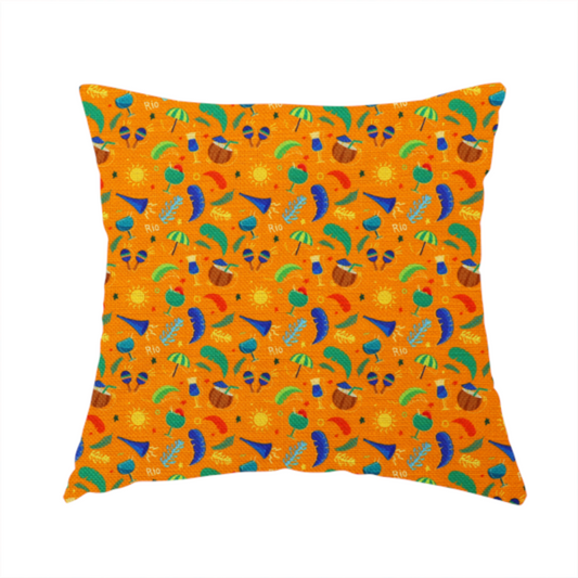 The fabric used to create this handmade cushion is a vibrant tropical carnival pattern featuring cocktails, coconuts, maracas, suns, and festive motifs set against a bright orange background.  