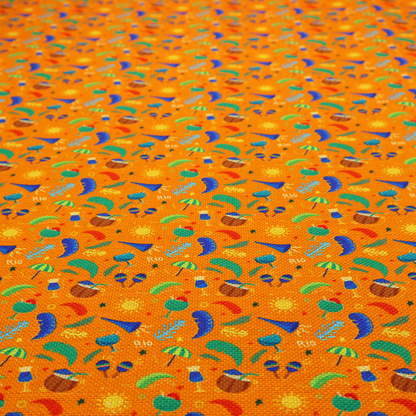 Vibrant tropical carnival pattern featuring cocktails, coconuts, maracas, suns, and festive motifs set against a bright orange background.  