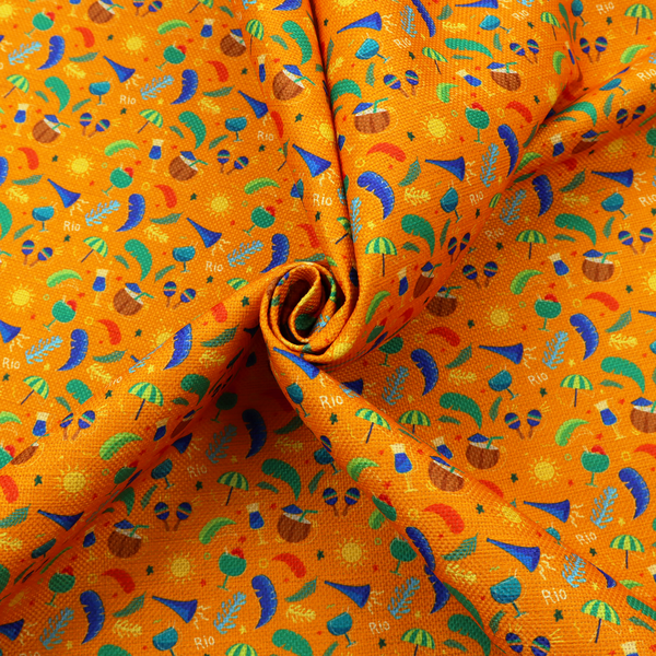 Vibrant tropical carnival pattern featuring cocktails, coconuts, maracas, suns, and festive motifs set against a bright orange background.  