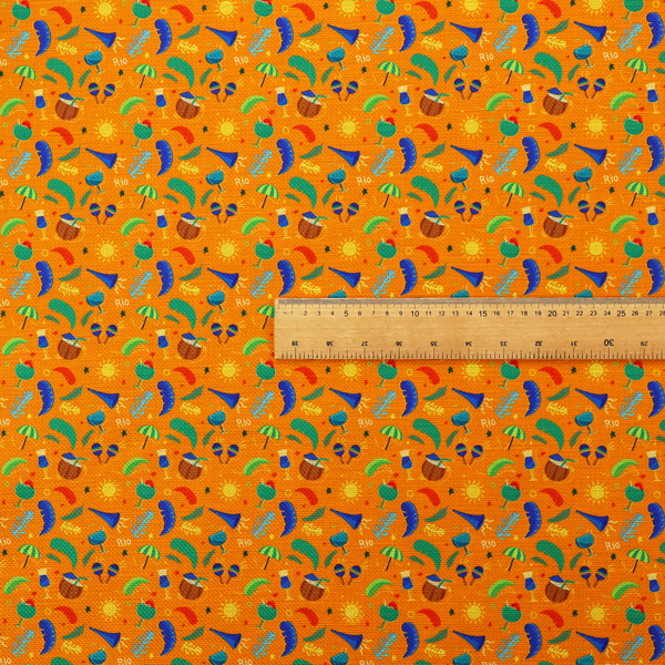 Vibrant tropical carnival pattern featuring cocktails, coconuts, maracas, suns, and festive motifs set against a bright orange background.  