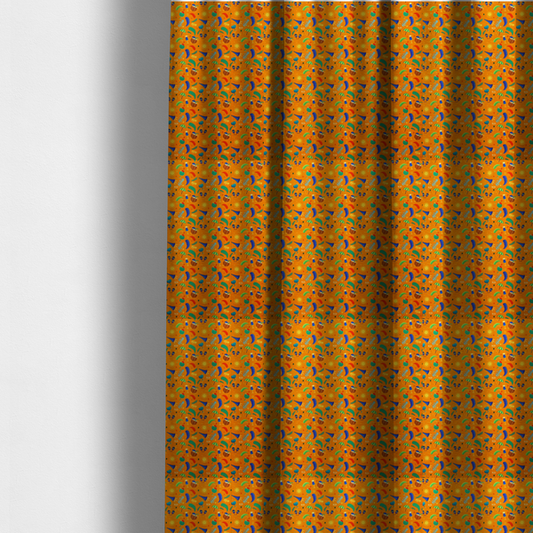 The fabric used to create these made-to-measure curtains is a vibrant tropical carnival pattern featuring cocktails, coconuts, maracas, suns, and festive motifs set against a bright orange background.  