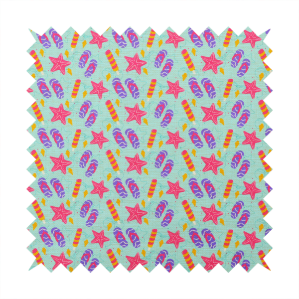 Playful summer pattern featuring pink starfish, flip-flops, and striped popsicles set against a light turquoise background.