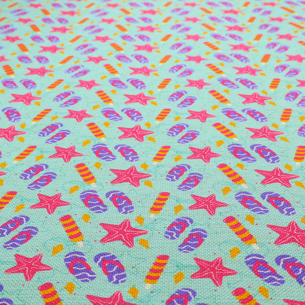 Playful summer pattern featuring pink starfish, flip-flops, and striped popsicles set against a light turquoise background.