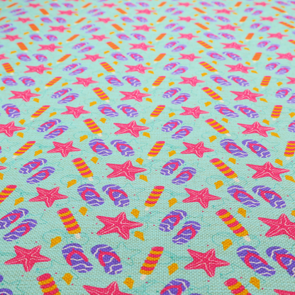 Playful summer pattern featuring pink starfish, flip-flops, and striped popsicles set against a light turquoise background.