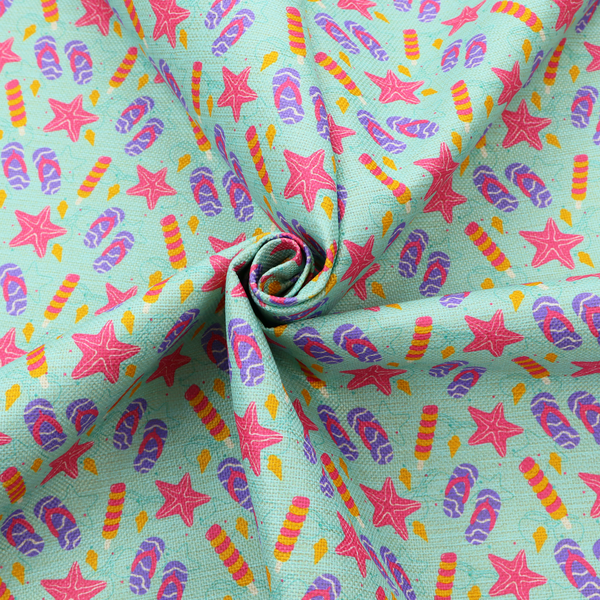 Playful summer pattern featuring pink starfish, flip-flops, and striped popsicles set against a light turquoise background.