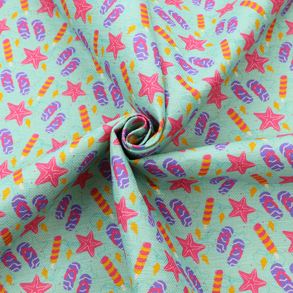 Playful summer pattern featuring pink starfish, flip-flops, and striped popsicles set against a light turquoise background.