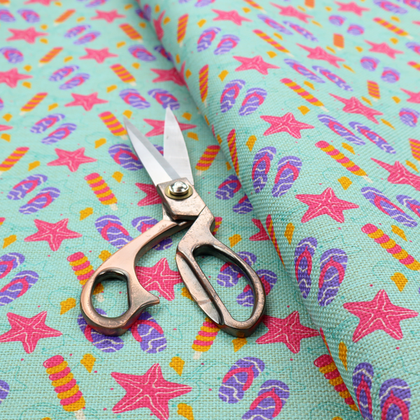 Playful summer pattern featuring pink starfish, flip-flops, and striped popsicles set against a light turquoise background.