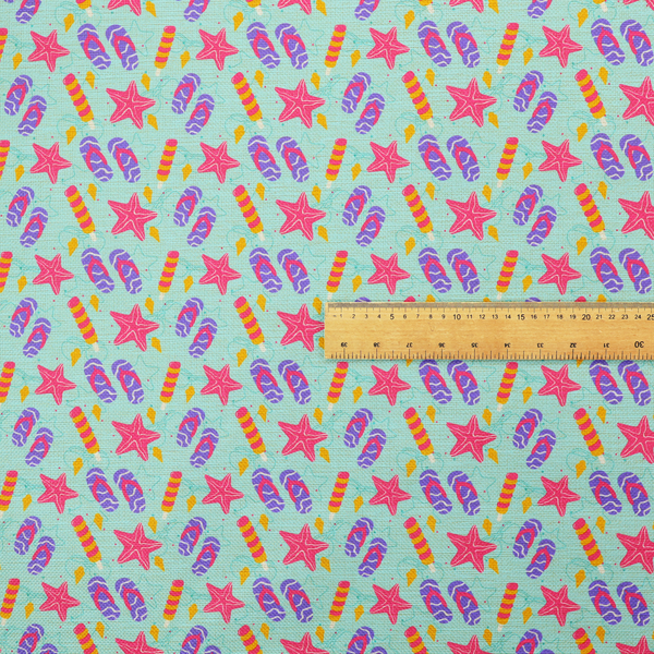 Playful summer pattern featuring pink starfish, flip-flops, and striped popsicles set against a light turquoise background.