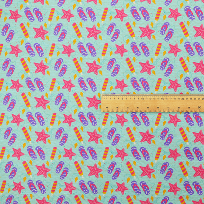 Playful summer pattern featuring pink starfish, flip-flops, and striped popsicles set against a light turquoise background.