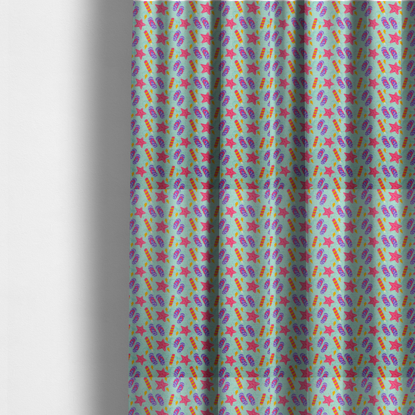 The fabric used to create these made-to-measure curtains is a playful summer pattern featuring pink starfish, flip-flops, and striped popsicles set against a light turquoise background.