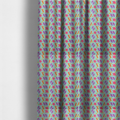 The fabric used to create these made-to-measure curtains is a playful summer pattern featuring pink starfish, flip-flops, and striped popsicles set against a light turquoise background.