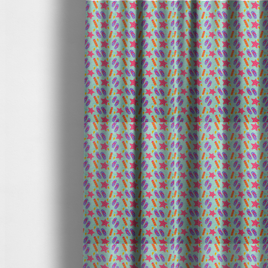 The fabric used to create these made-to-measure curtains is a playful summer pattern featuring pink starfish, flip-flops, and striped popsicles set against a light turquoise background.