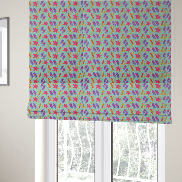 The fabric used to create these Roman blinds is a playful summer pattern featuring pink starfish, flip-flops, and striped popsicles set against a light turquoise background.