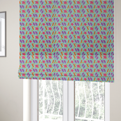 The fabric used to create these Roman blinds is a playful summer pattern featuring pink starfish, flip-flops, and striped popsicles set against a light turquoise background.