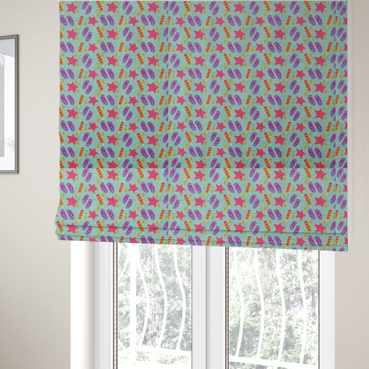 The fabric used to create these Roman blinds is a playful summer pattern featuring pink starfish, flip-flops, and striped popsicles set against a light turquoise background.