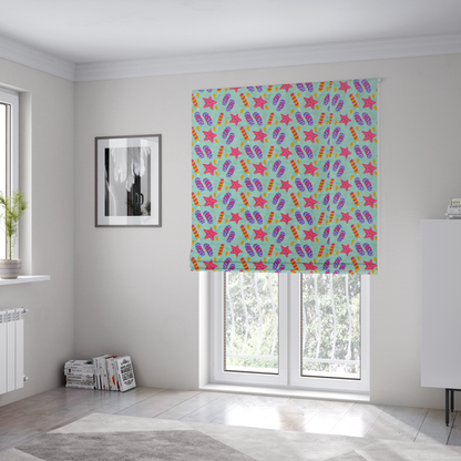 The fabric used to create these Roman blinds is a playful summer pattern featuring pink starfish, flip-flops, and striped popsicles set against a light turquoise background.