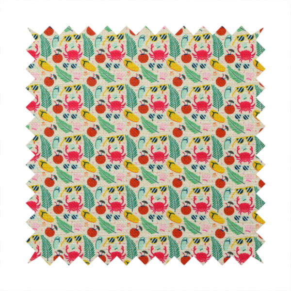 Vibrant summer vacation pattern featuring pink crabs, tropical palm fronds, yellow flip-flops, sunglasses, and coconuts on a light background.
