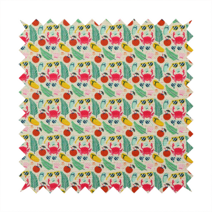 Vibrant summer vacation pattern featuring pink crabs, tropical palm fronds, yellow flip-flops, sunglasses, and coconuts on a light background.