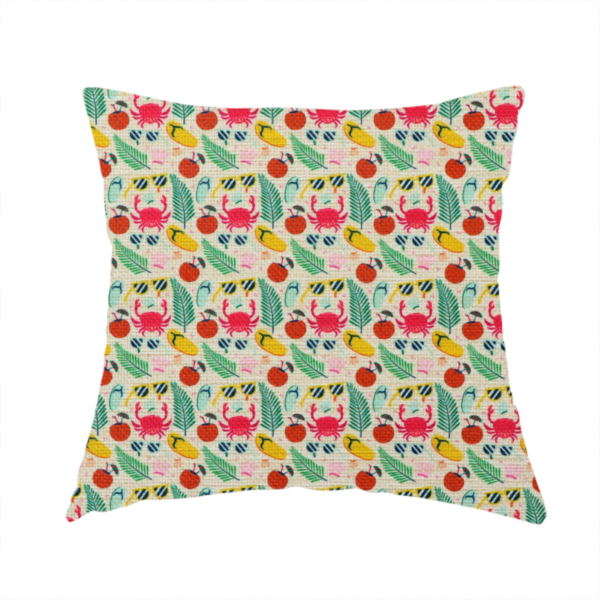 The fabric used to create this handmade cushion is a vibrant summer vacation pattern featuring pink crabs, tropical palm fronds, yellow flip-flops, sunglasses, and coconuts on a light background.