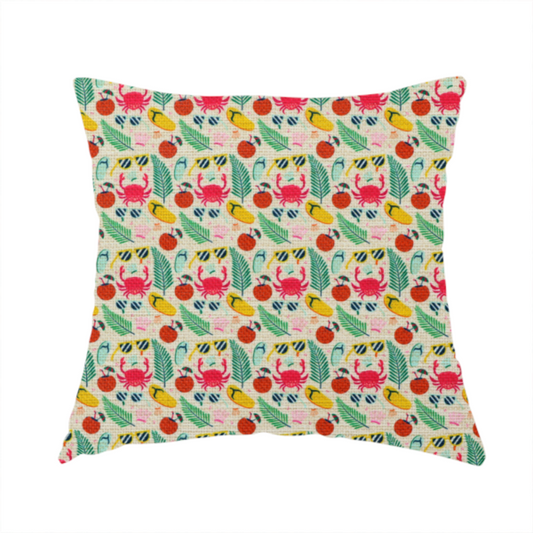 The fabric used to create this handmade cushion is a vibrant summer vacation pattern featuring pink crabs, tropical palm fronds, yellow flip-flops, sunglasses, and coconuts on a light background.