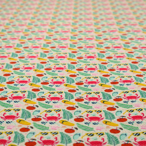 Vibrant summer vacation pattern featuring pink crabs, tropical palm fronds, yellow flip-flops, sunglasses, and coconuts on a light background.