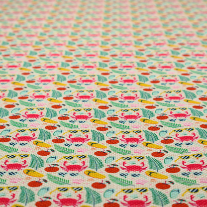 Vibrant summer vacation pattern featuring pink crabs, tropical palm fronds, yellow flip-flops, sunglasses, and coconuts on a light background.
